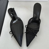 Yeknu  Elegant Mesh Fabric Butterfly-knot Pointed Toe Slippers Women Sexy Thin Heels Party Prom Mule Shoes