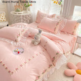 Yeknu Princess Style Korean Bed Skirt Bed Sheet Embroidered Ruffle Lace Quilt Cover Ins Bedding For Girls Luxury Home Textiles