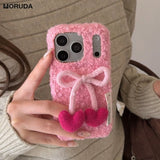 Yeknu  Luxury Furry 3D Bowknot Love Heart Case for iPhone 13 14 15 16 17 Pro Max 17Pro Candy Color Collision Winter Plush Ins Cover