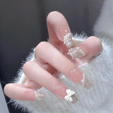 Yeknu  Glitter Fairy Rhinestone False nail Tips for Bride lady Wearable Sweet Crystal Design Press on Nails Mid Length Fake Nail Patch