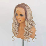 Yeknu  Ombre Ash Blonde Wave Wig Blonde Mix Color Curly Wave Synthetic Hair Heat Resistant Lace Front Wigs for Women Cosplay Daily Use