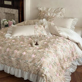 Yeknu  1000TC Egyptian Cotton Bedding Set Duvet Cover Flat Bed Sheet Pillowcases, Floral Embroidery Ruffles Luxury Bed Linens