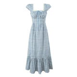 Yeknu  New Retro Plaid Midi Dress Spliced Lace Drawstring Square Neck Elegant Dresses Women Short Sleeve Slim Fit Summer Dress