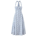 Yeknu  Summer New Women's Dress Bohemian Print Halter Neck Button Midi Dresses Casual Holiday Hollow Back Beach Dress