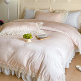 Yeknu Vintage Jacquard Lace Ruffles Wedding Bedding Set Lyocell Cotton Soft Silky Duvet Cover Set Bed Sheet Fitted Sheet Pillowcases