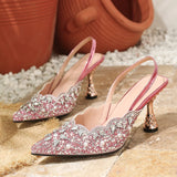Yeknu  Fashion CRYSTAL Diamond Pearl Pointed Toe Women Pumps Elegant Slingbacks Stripper Thin High Heels Party Prom Shoes