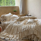 Yeknu  Romantic French Double Layer Lace Ruffles Bedding Set 20% Ramie, 80% Cotton Duvet Cover Set Quilted Bedspread Pillowcases 4Pcs