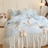 Yeknu  Korean Princess Style Bedding Set Girl Heart Solid Color Double Bed Sheets Washed Cotton Ruffled Bed Cover Sheet Quilt Set