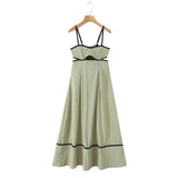Yeknu  Fashion Green Contrast Black Edge Suspender Dress Summer Sleeveless Backless Casual Beach Dresses For Women Midi Vestidos