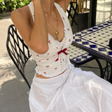 Yeknu  Sleeveless Printed Halterneck V-neck Crop Top Backless Cherry Print Bow Slim Fit Crop Top