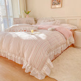 Yeknu  Premium 100% Cotton Bedding 4Pcs Set, Elegant Ins French Plaid Cotton Bed Skirt Bed Sheet Quilt Cover, Ruffle Edge Duvet Covers