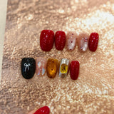Yeknu  10Pcs Handmade Press On Nails Short Oval Red&Black Fake Nails With 3D Bow Glitter Decor Reusable Acrylic False Nails For Women