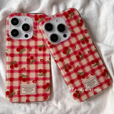 Yeknu Cute Korean Girl Heart Cherry Phone Case for iPhone 15 16 promax 11 12 13 Pro Mini X XS 7 8 Plus Silicone Grid Pattern Cover Y2k