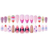 Yeknu  24Pcs Almond Press on Nails Rainbow Stripe Swirl Polka Dot Fake Nail Y2K Star Rhinestone False Nail for Women&Girl Colorful Nail