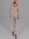 Yeknu Women Square Collar Long Sleeve Party Jumpsuits 2024 Elegant Sexy Ladies See-through High Waist Night Club Bodysuit Black White