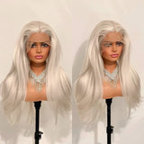 Yeknu  Platinum Blonde Long Wavy Natural Wave 13X4 Lace Front Wigs for Women Middle Part 60 Light Blonde Straight Daily Party Synthetic