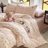 Yeknu  Soft washable four-piece set embroidered cartoon cute quilt cover sleeping naked student dormitory three-piece set