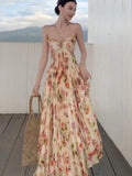 Yeknu  Oversized Pleated Hem Halter Dress Bohemian Floral Print Beach Seaside Holiday Dresses Summer Sleeveless Suspender Long Dress