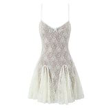 Yeknu  Bow V-neck Suspender Dress European And American Style Summer Sleeveless Mini Dresses Women Spliced lace Dress