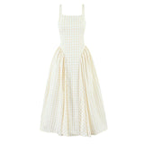 Yeknu  Jastie Lace Up Bandage Plaid Sling Dress Women Elegant Square Neck Low Waist A-line Midi Summer Dresses Holiday Party Robe