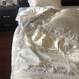 Yeknu  800TC Lyocell Bamboo Fiber Soft Silky Bedding Set Rose Floral Embroidery Lace Ruffles Duvet Cover Flat Sheet Pillowcases