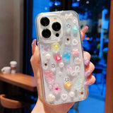 Yeknu  DIY Candy Bear Flower Pearl Heart Case For iPhone 13 14 Pro Max 11 15 Plus 17 Phone Cases Transparent Soft Shockproof Cover Capa