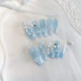 Yeknu  10pcs pure handmade coffin shaped nail art, beautiful fake nails, summer fresh gradient bow, suitable for women to use
