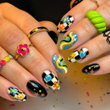 Yeknu  24pcs Almond Press On Nails Y2K Retro Checkerboard Fake Nail Face Flower Star False Nail Colorful Swirl Groovy Nail for Women