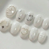 Yeknu  10pcs pure hand pressed oval nail art, fake nail art, minimalist white wing nail art, suitable for women's use