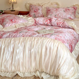 Yeknu  Vintage French Oil Painting Aesthetic 100% Long-staple Cotton Bedding Set – Princess Cotton Soft Sheets with Organza Lace Trim