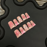 Yeknu  10pcs Handmade Pink French Fake Nails with 3D-carved Petals Design False Nails Wearable Sweet Korean Duckbilled Press on Nails