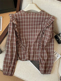 Yeknu  Women's Red Plaid Shirts and Blouses Y2k Aesthetic Vintage Korean Harajuku 2000s Elegant Long Sleeve O-Neck Shirt Trashy Clothes