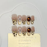 Yeknu  10pcs Cat Eye Press on Nails Carved Flower False Nails Glitter Rhinestone Pearl Acrylic Nail Art French Almond Gentle Fake Nails