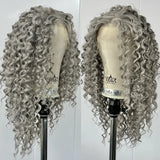 Yeknu  Long Silver Grey Curly Wig for Women Synthetic Free Part Loose Curly Gray Afro Kinky Curly Heat Resistant Fiber Wigs for Women