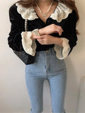 Yeknu  Autumn Velvet Shirts Tops Women Lace Patchwork Fashion Ruffle Long Sleeve Ladies Blouses Vintage Korean Loose Woman Shirt