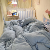 Yeknu INS Seersucker Stripes Duvet Cover Pillowcases Flat Sheet Girls Bedding Set Washed Cotton Solid Color Bed Linen Single Size