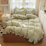 Yeknu  new cream lace girl powder grid Korean version bed four-piece set washed cotton double-layer yarn quilt cover dormitory