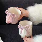 Yeknu 1Pc Bow Handle Heart Ceramic Mug, Creative Bow Handle Design Checkerboard Pattern Mug Coffee Cup, Suitable for Home Decoration, Daily Drinking Water, Breakfast Milk, Afternoon Tea Coffee, Coffee Shop Latte Flower Cup, E