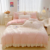 Yeknu  4pcs  Korean lace Duvet Cover Set (1*Duvet Cover + 2*Pillowcase, bed sheet), Pink checkered print Bedding Set