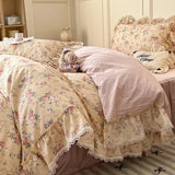 Yeknu  Korean Princess Style Ruffles Flower Print Bedding Set Duvet Cover Set Bed Skirt Bedspread Pillowcases 100% Cotton Home Textile