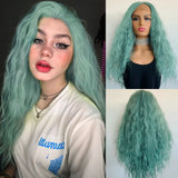 Yeknu  Mint Green Long Curly Wavy Synthetic Lace Front Wigs for Women Middle Part Natural Water Wave Heat Resistant Fiber Daily Party