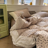 Yeknu  French style new comfortable wrinkled yarn printed lace four-piece set student dormitory three-piece set