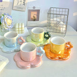 Yeknu  Creative Pearl Glazed Pink, blue, green, orange Ceramic Coffee Cups Plates Spoons, Household Items, Afternoon Tea Coffee Cup Set