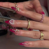Yeknu  24Pcs Almond Press-On Nails in Pink Cat Eye with Heart & Strawberry Designs – Glossy Acrylic Stick-On Nails for Women & Girls
