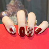 Yeknu  10Pcs Red Christmas/NewYear Handmade Press on Nails Elegant Vibrant Checkerboard Fake Nail for Women&Grils Celebrations Nail Art