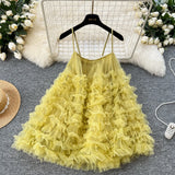 Yeknu  Summer French Vacation Suspender Dress Women Sleeveless Loose A-Line Solid Color Multi-layer Mesh Puffy Mini Dress