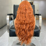 Yeknu  Daules Ginger Deep Wave Wig Long Wavy Curly Synthetic Hair Free Part Dark Orange Water Wave 13X4 Lace Front Wigs for Women Daily