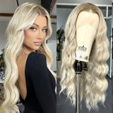 Yeknu  Ombre Ash Blonde Wig Long Natural Wavy Synthetic Hair Loose Curly Middle Part 13X4 Highlight Colored Wigs for Women Daily Party