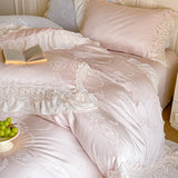 Yeknu Vintage Jacquard Lace Ruffles Wedding Bedding Set Lyocell Cotton Soft Silky Duvet Cover Set Bed Sheet Fitted Sheet Pillowcases