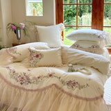 Yeknu Premium Egyptian Cotton Luxury Wedding Bedding Set Flowers Embroidery Organza Lace Ruffles Duvet Cover Set Bed Sheet Pillowcases